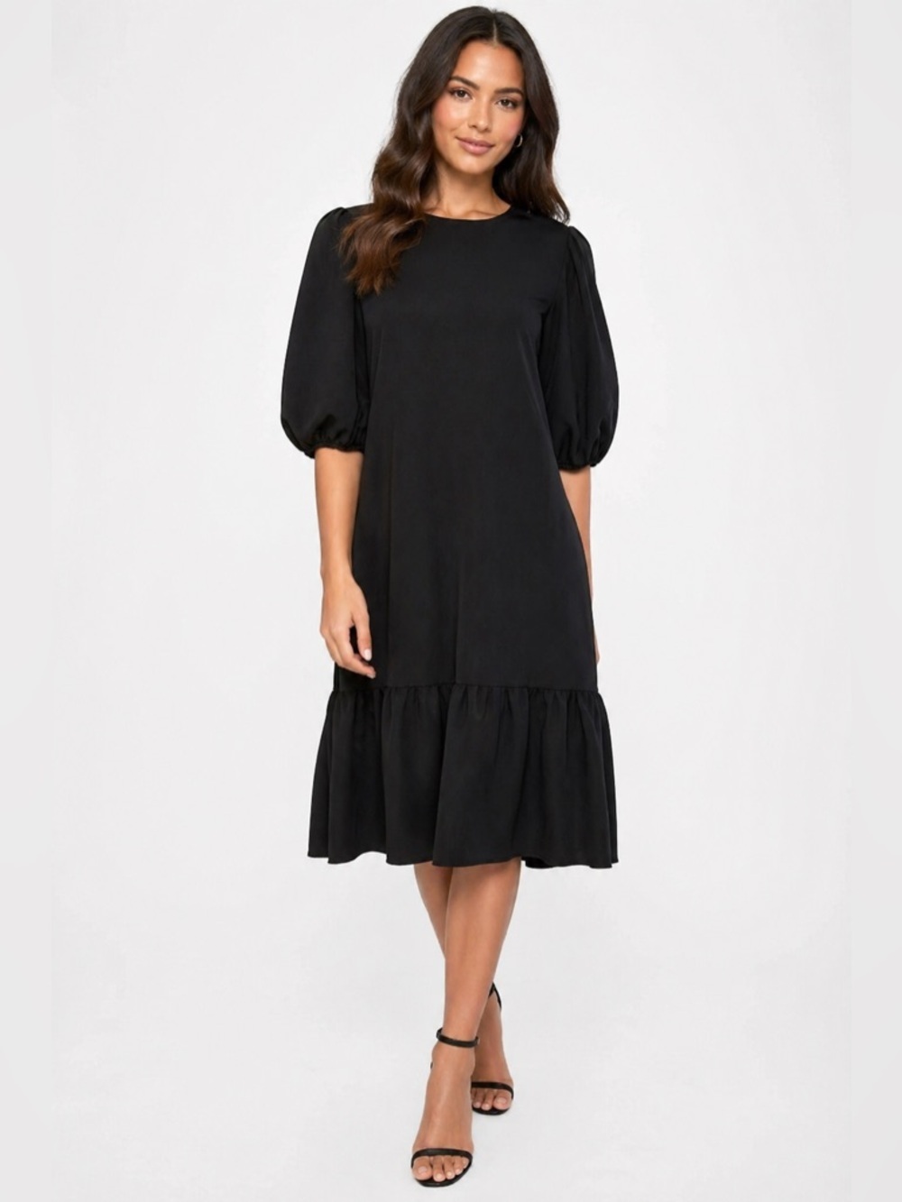 Adina Las Vegas Puff Sleeve Ruffle Hem Dress Black Women’s Small Knee Length